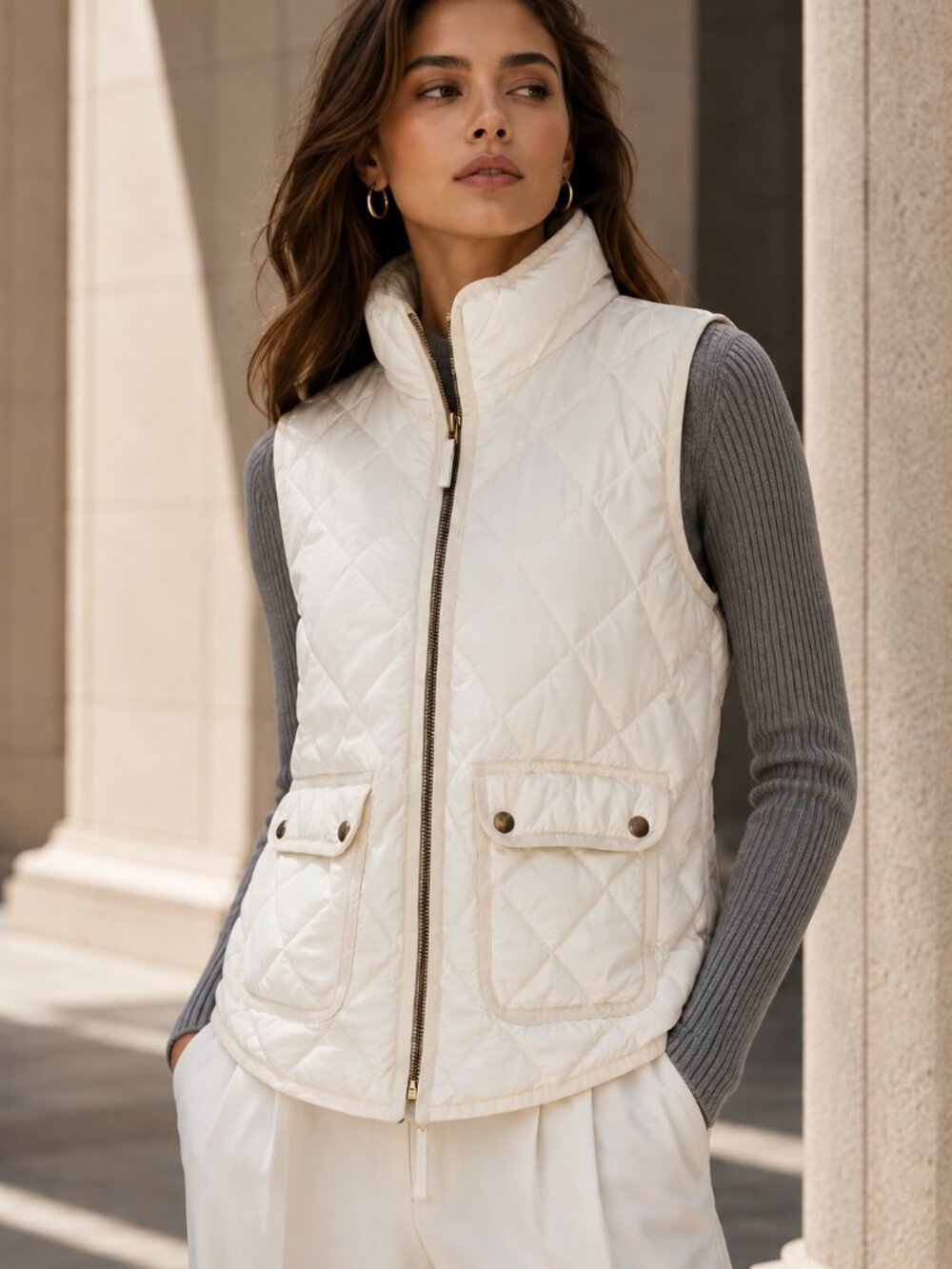 J.Crew White Quilted Down Puffer Vest Large Snap Pocket Zip Front